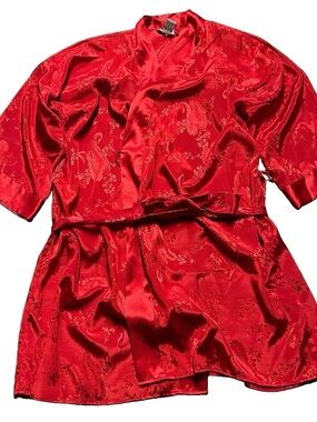 Morgan Taylor Red Satin Floral Jacquard Kimono Robe